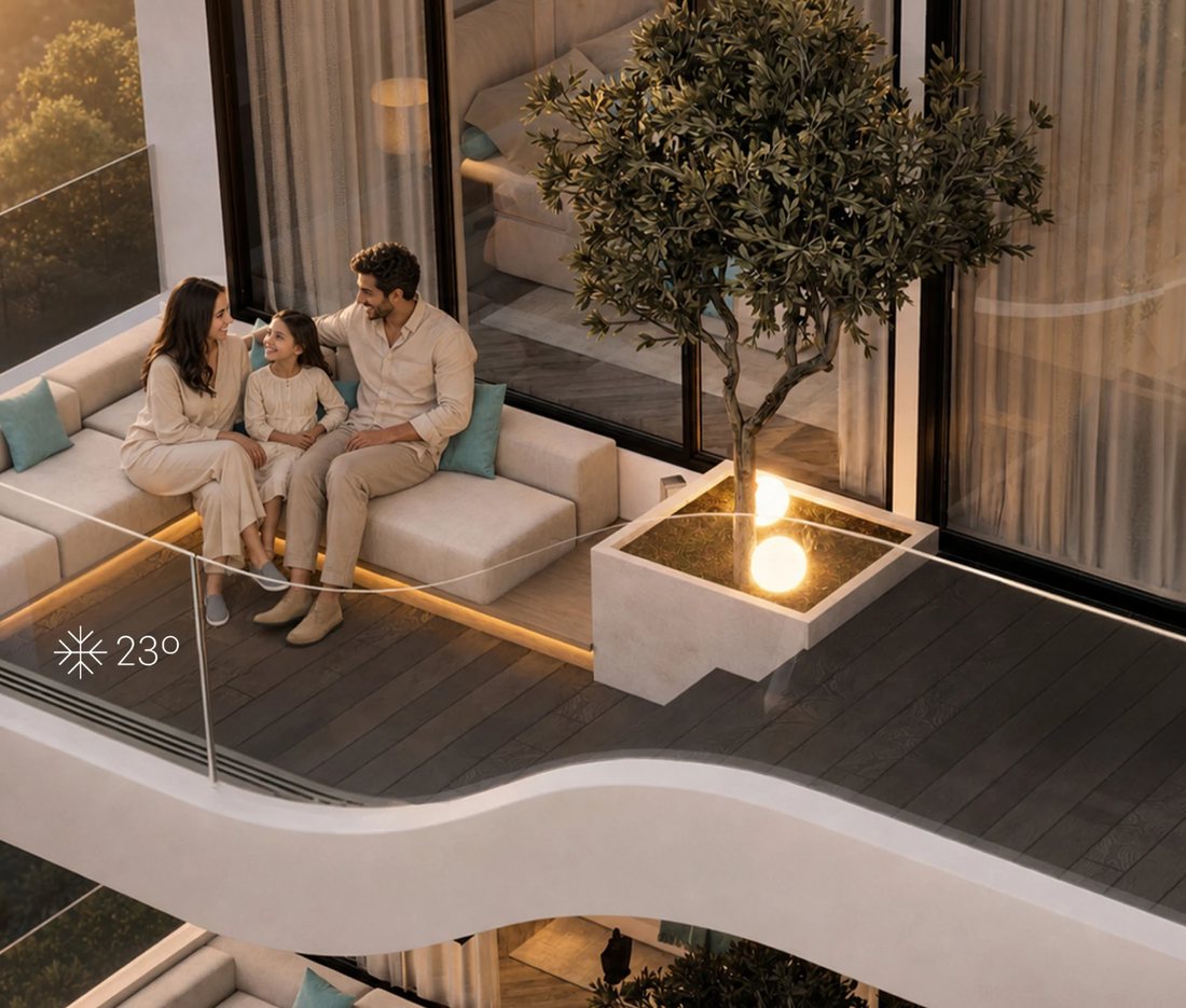 Balcone ribassato raffrescato REEF al tramonto, 23°C